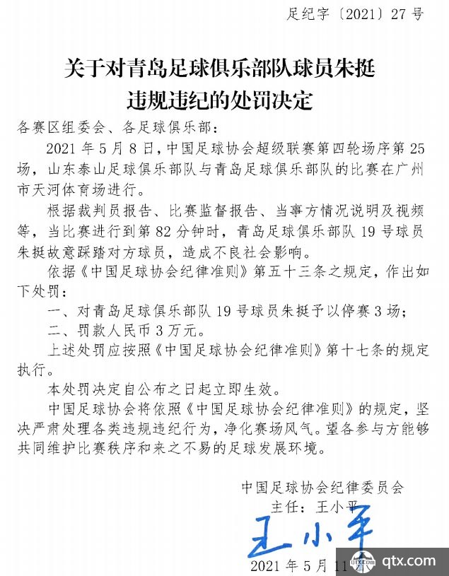 关于对青岛足球俱乐部球员朱挺违规违纪的处罚决定