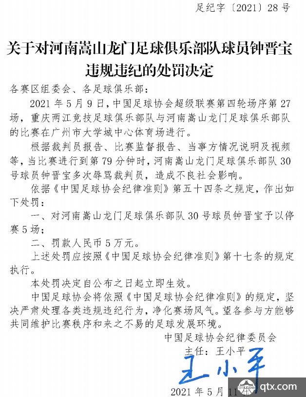 关于对河南嵩山龙门足球俱乐部球员钟晋宝违规违纪的处罚决定：