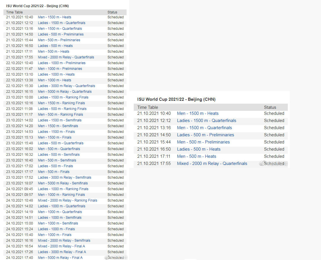 2021短道速滑世界杯赛程安排