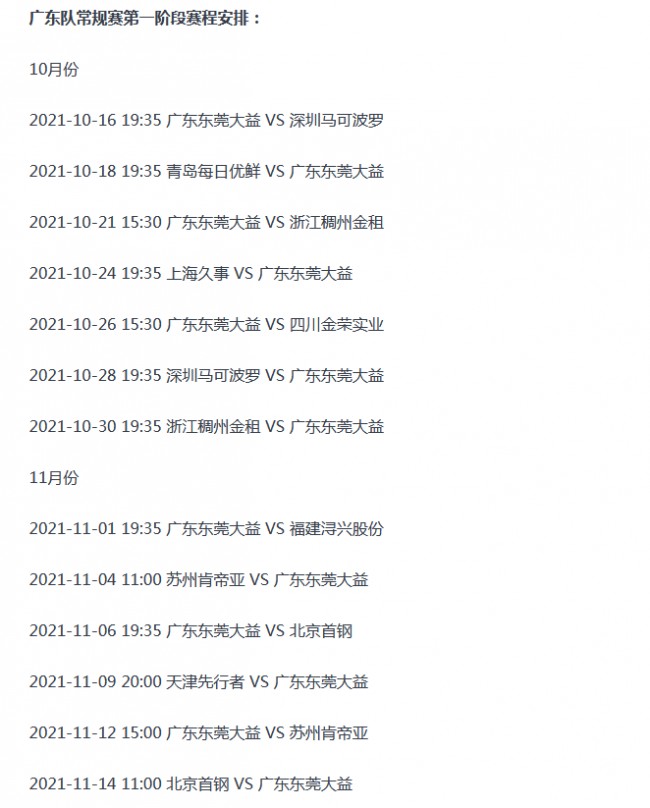 广东队常规赛第1阶段赛程