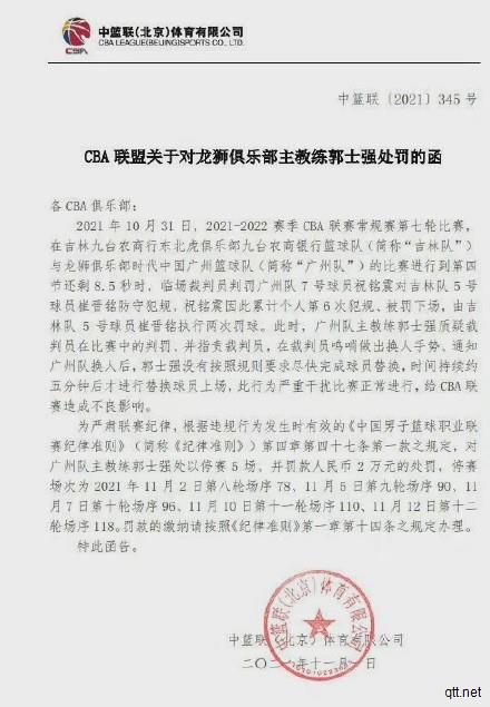 篮协向郭士强开出罚单