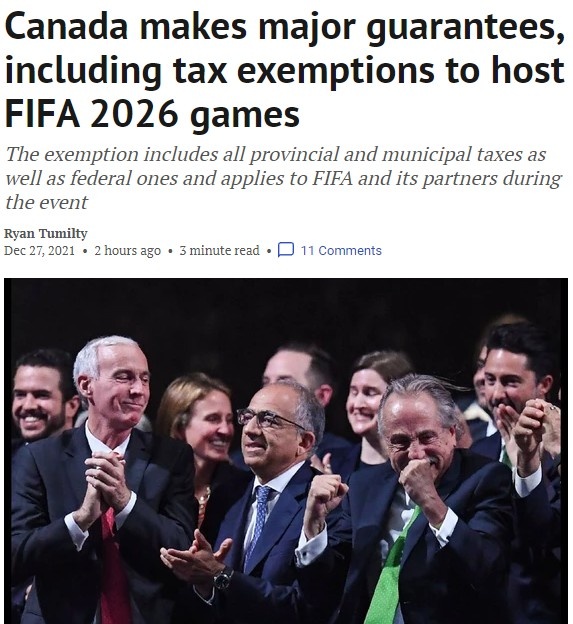 加媒：为获得2026世界杯承办权，加拿大承诺对FIFA免税和免签证