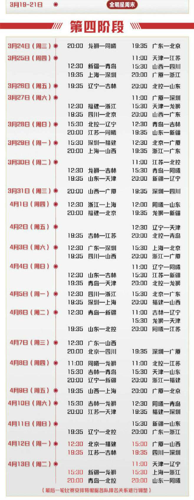 cba赛程季后赛对阵表，cba季后赛对阵及时间表出炉