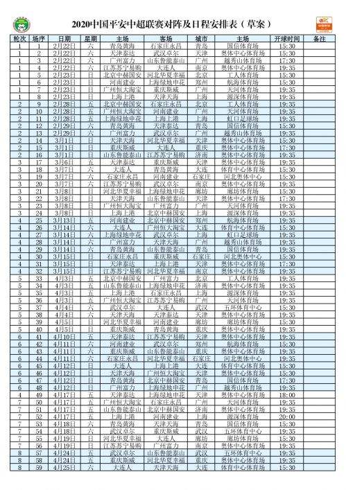 中超赛程表，本年度中超赛程表