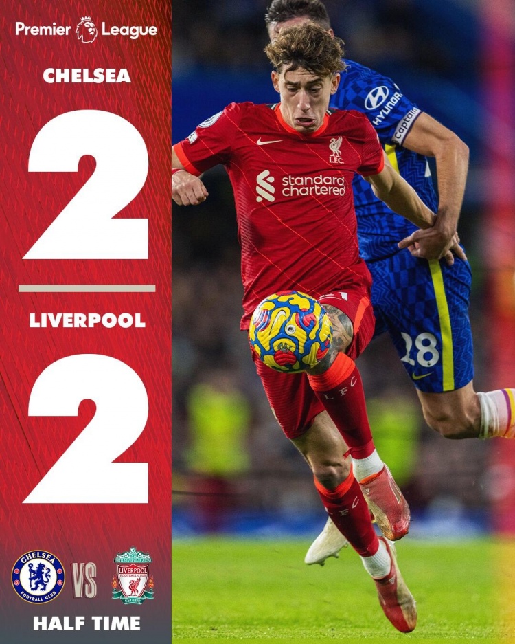 切尔西2-2利物浦,英超前四球队交锋第二次出现上半场都进球2+