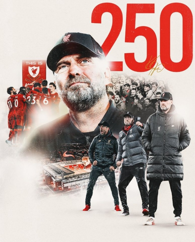 克洛普迎来执教利物浦第250场英超里程碑,并收获第160场胜利