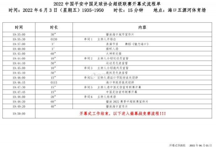 中超开幕式流程单：总时长15分钟，包括3分钟舞蹈节目表演-第1张图片