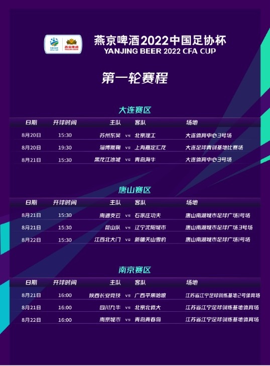 足协杯第一轮赛程：18中甲队争9晋级名额，于8月20-22日三天进行
