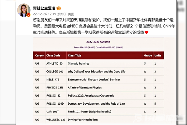 谷爱凌成绩单