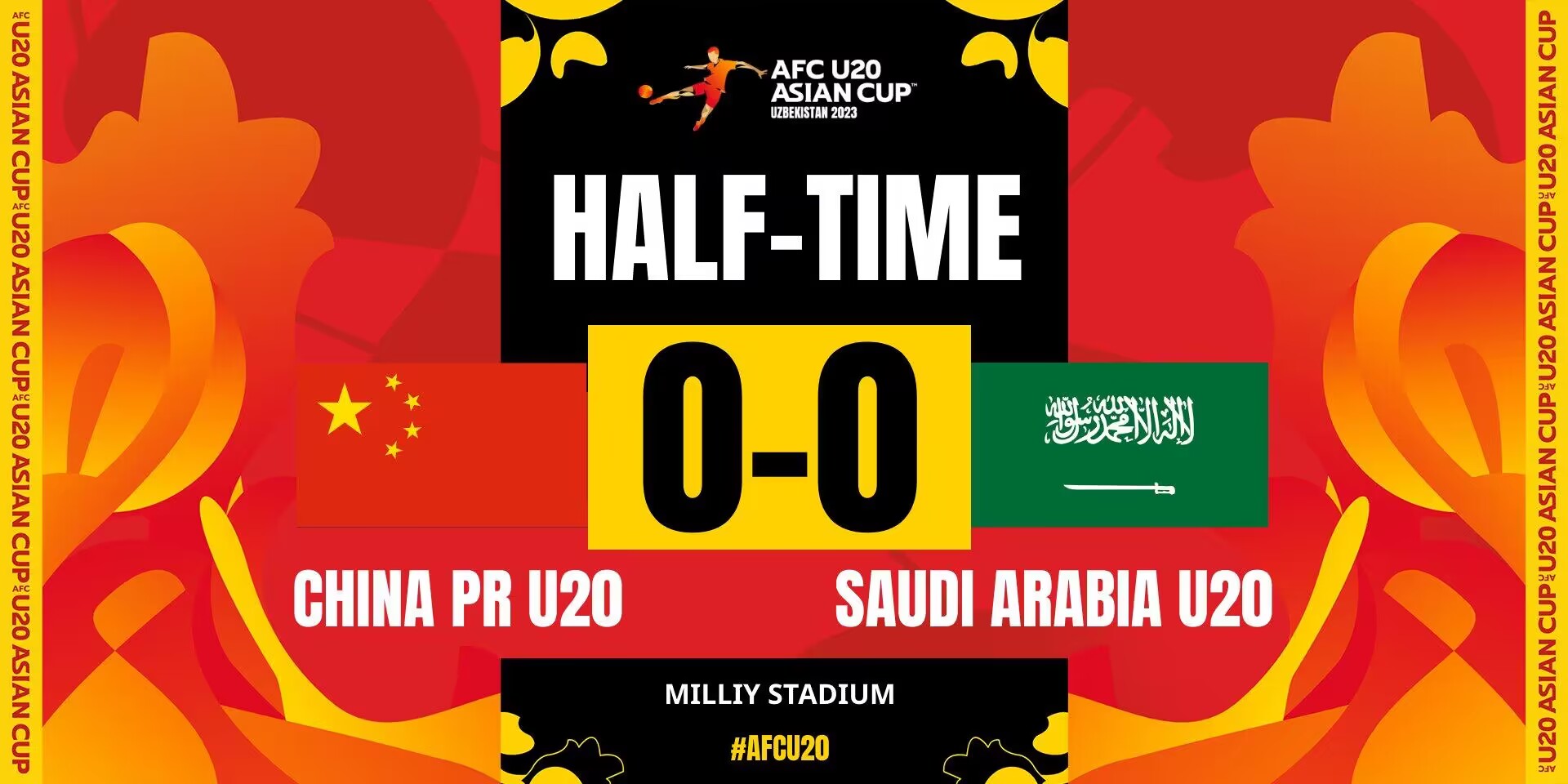 U20国足半场0-0战平沙特U20,控球率45%-55%&射门数1-3