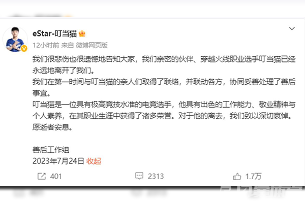 电竞选手叮当猫去世