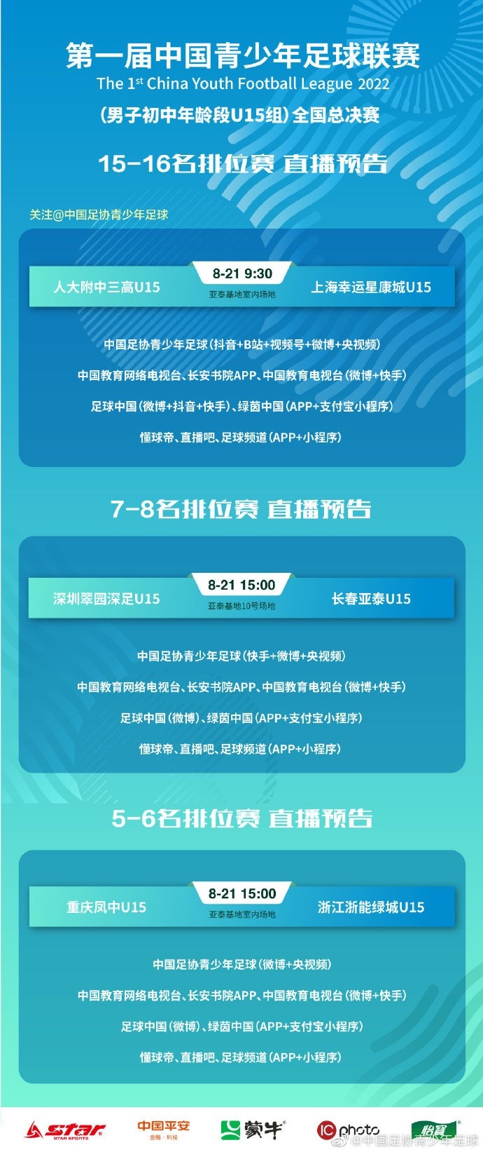 中国青少年足球联赛（U15）全国总决赛5-16名最终排位赛直播预告