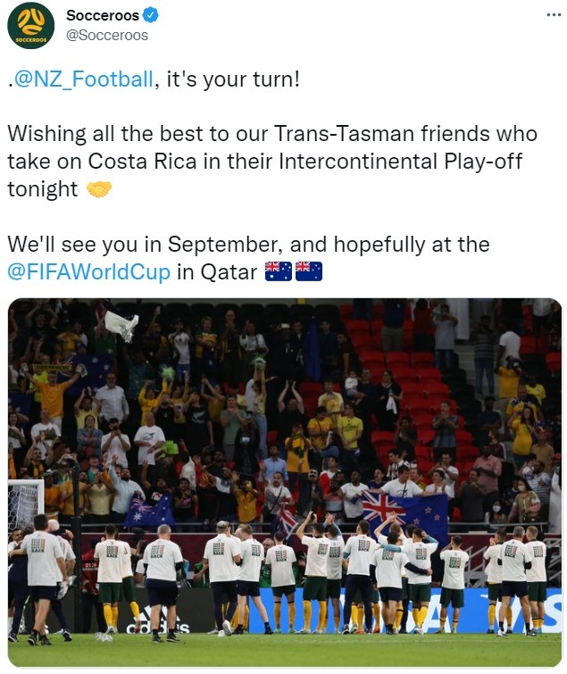 澳大利亚为新西兰送上鼓励：世预赛附加赛加油，希望卡塔尔见