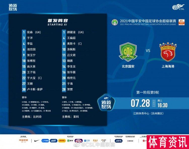 北京国安vs上海海港首发:张玉宁索