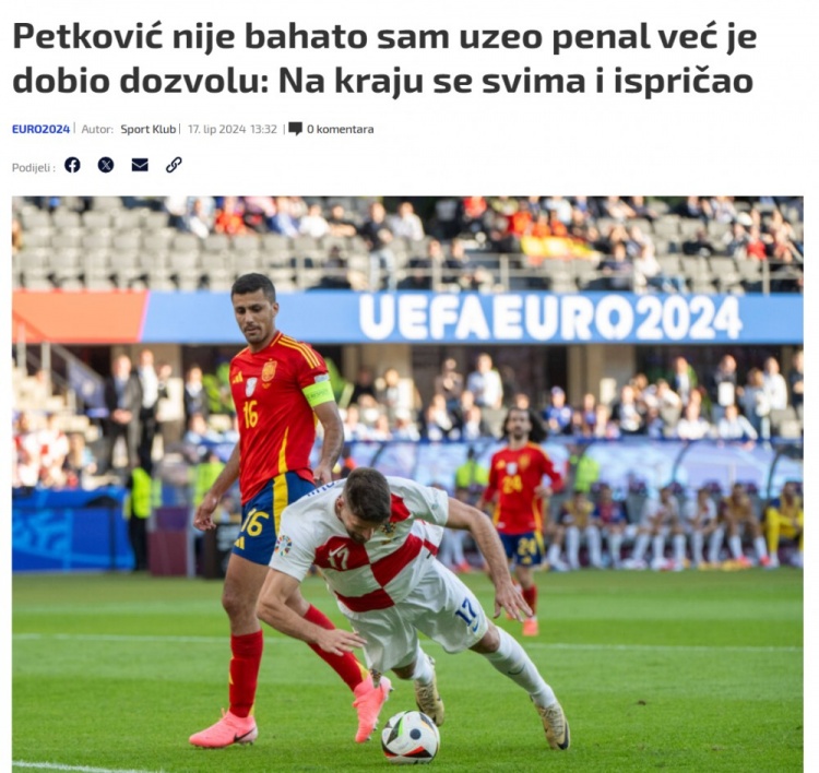 达利奇称按等级制度佩特科维奇对西班牙不该罚点，球员已内部道歉