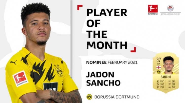 4场 3球2助攻！多特蒙德前锋桑丘在二月份被选为德甲最佳球员