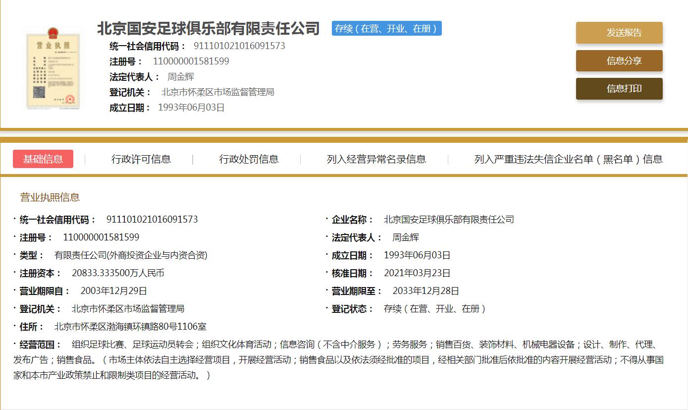 全国企业信息系统显示北京中和国安更名为北京国安