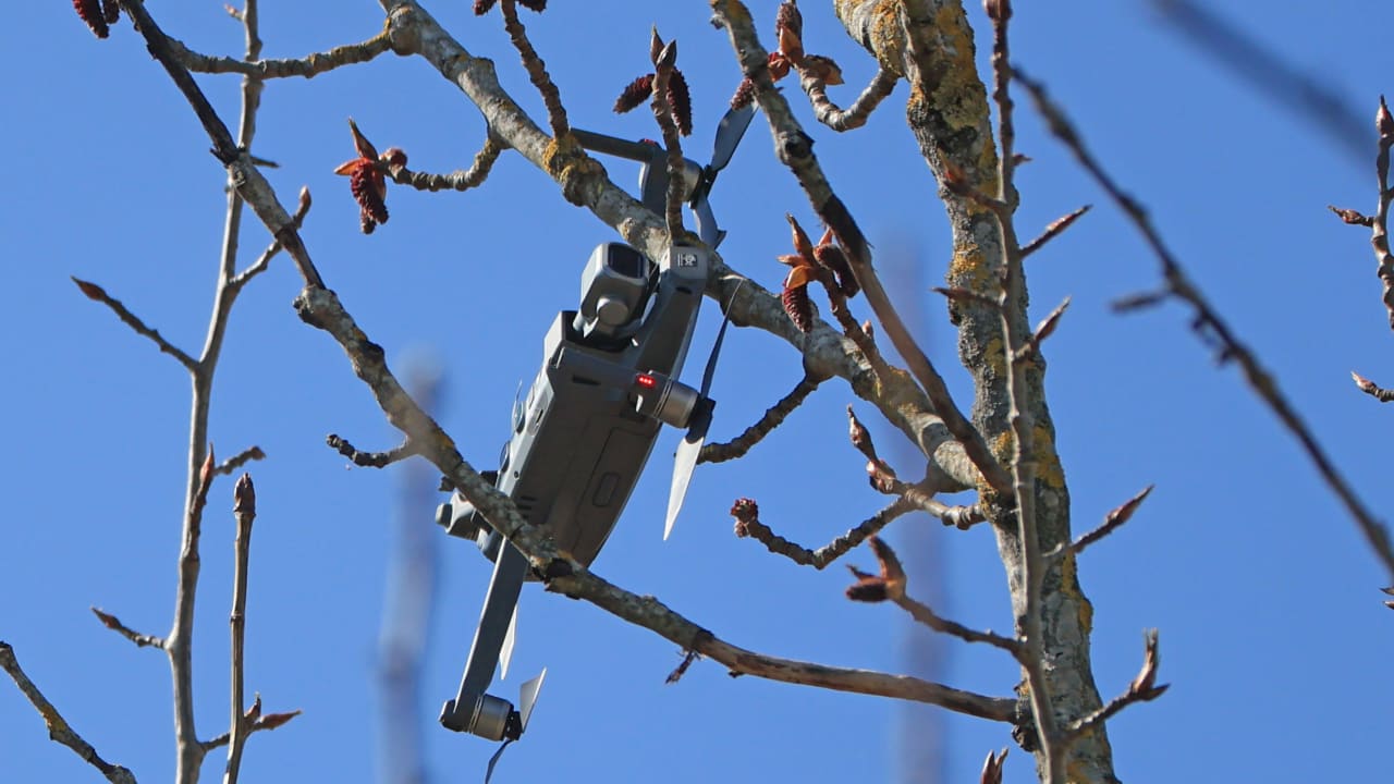 图片:拜仁训练时一架无人机卡在树枝上 然后被风吹走 最终坠毁