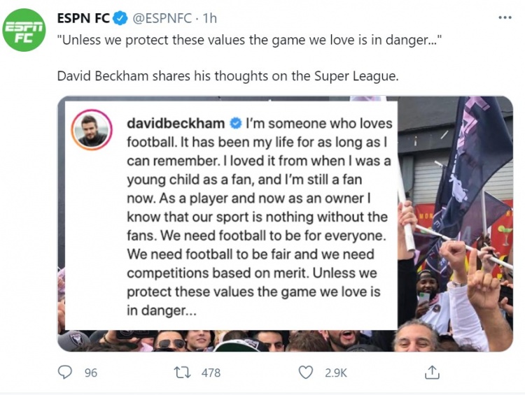 贝克汉姆反对欧洲超级联赛:没有球迷基础的足球什么都不是