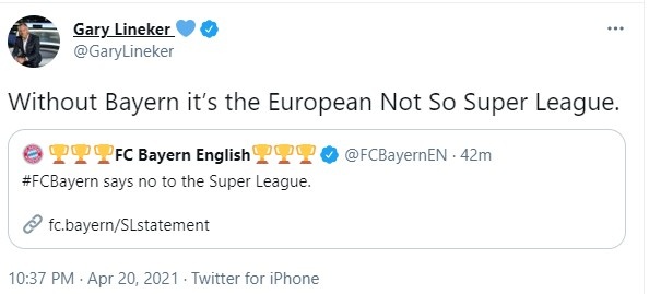 莱因克尔转发拜仁的声明:欧洲超级联赛没有拜仁 就是欧洲没有那么超级联赛