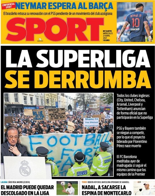 每日体育日报首页封面:欧洲超级联赛崩塌