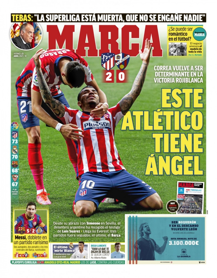 西甲今日头版:巴萨想要联赛冠军 马德里竞技有一个天使