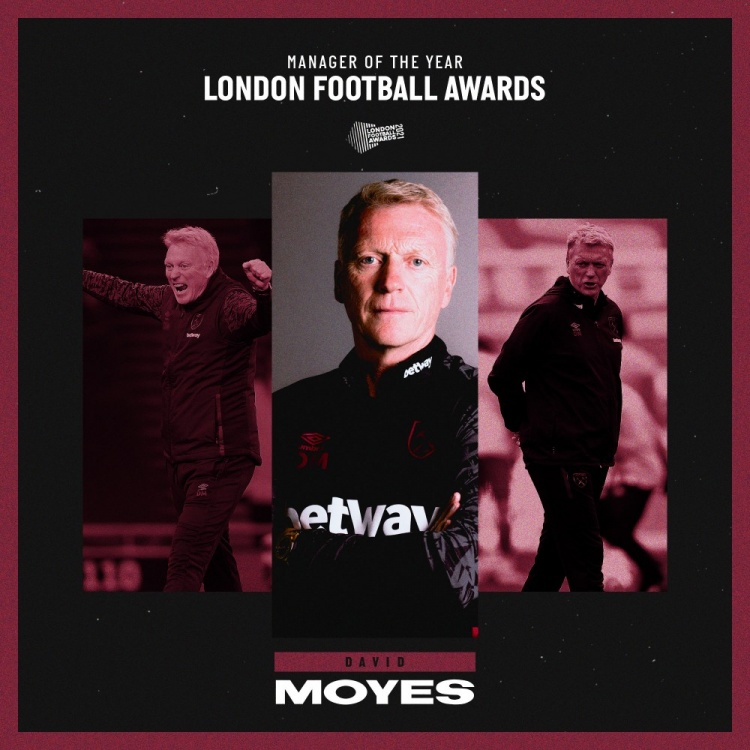 官方:西汉姆联队教练莫耶斯获得了伦敦足球年度蔻驰奖