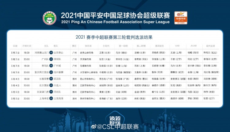 中超联赛第三轮裁判安排:广深裁判张磊和李海欣执法上海德比