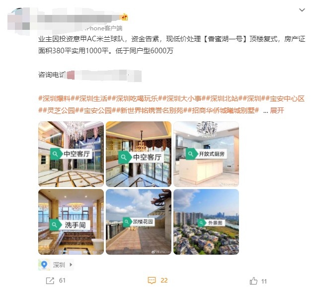 房产中介出售豪宅介绍:业主因投资意甲AC米兰队吃紧