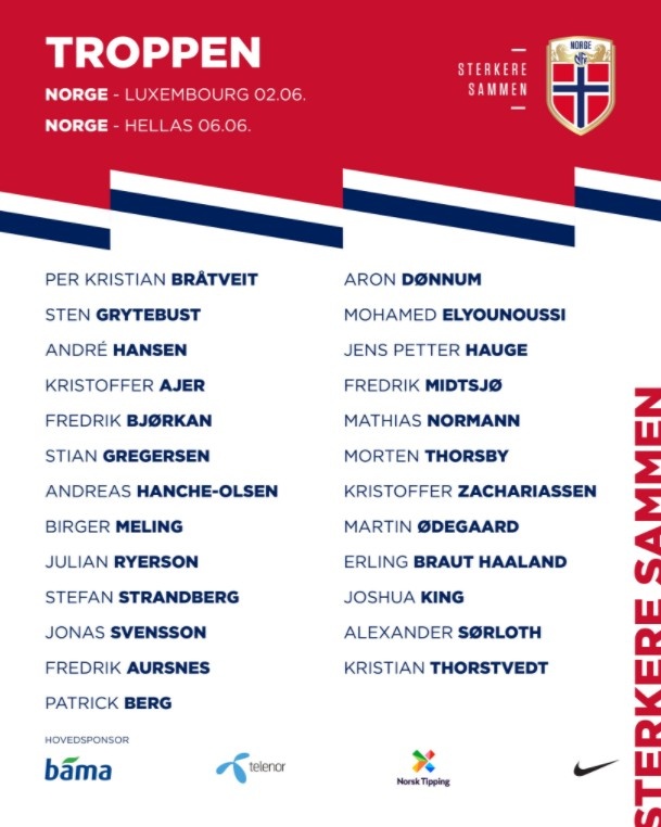 挪威队最新名单:哈兰 奥德加德领衔 豪格列