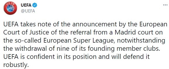 欧足联官方回应被欧足联超级联赛起诉:将坚定捍卫自己的立场
