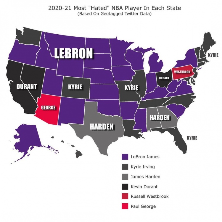 美国各州最讨厌的NBA球星:詹姆斯领衔篮网 三巨头紧随其后