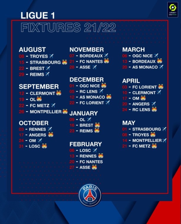巴黎新赛季法甲赛程:首战新晋级特鲁瓦特 10月底连战马赛和里尔