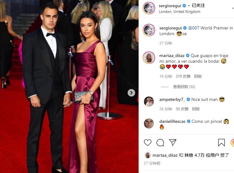 盛装出席，雷吉隆和女友参加《007：无暇赴死》伦敦首映礼