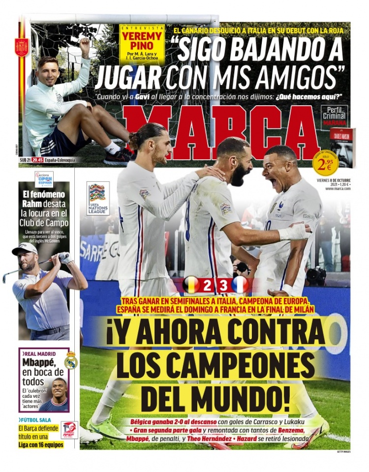 西甲今日头版：西班牙将对阵世界冠军 巴萨武装拉玛西亚