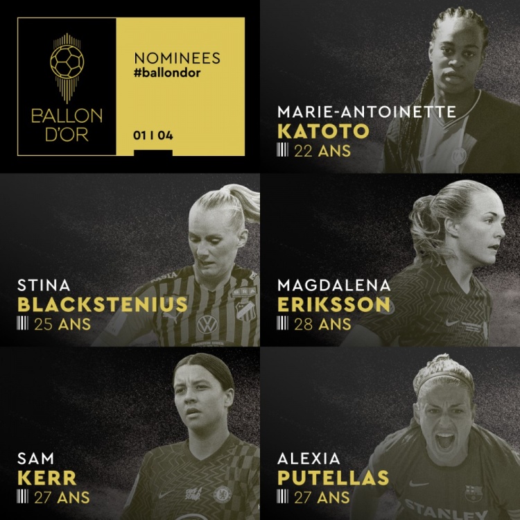 女足金球奖20人候选名单公布：米德玛、马滕斯、卡托托在列