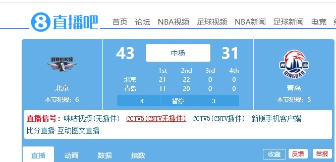 青岛男篮上半场仅得到31分 落后北京男篮12分