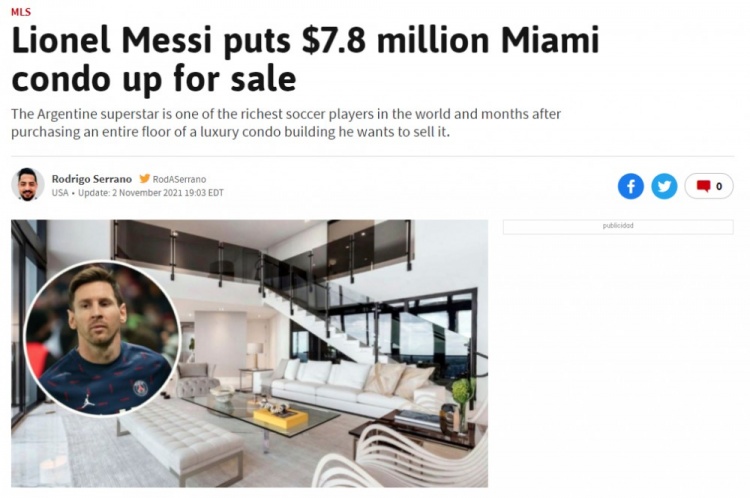 阿斯报：梅西准备以780万美元价格卖掉此前购买的迈阿密公寓