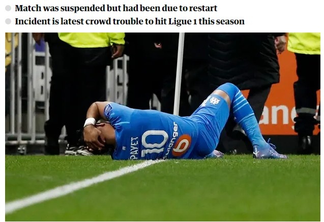 卫报：球迷扔水瓶砸中帕耶，导致里昂和马赛的法甲比赛延期