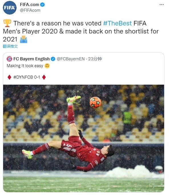 FIFA官推赞莱万：获2020世界足球先生并进入今年候选，是有原因的