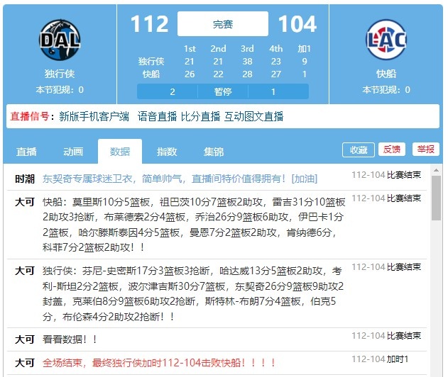 礼尚往来！快船11-1将比赛拖入加时 独行侠加时还一波9-1拿下比赛