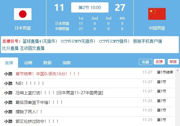 周琦8+8！中国男篮首节结束以27-11领先日本男篮