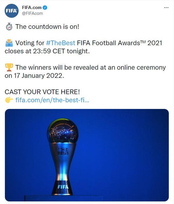 FIFA官方：世界足球先生投票将于北京时间明晨6:59截止