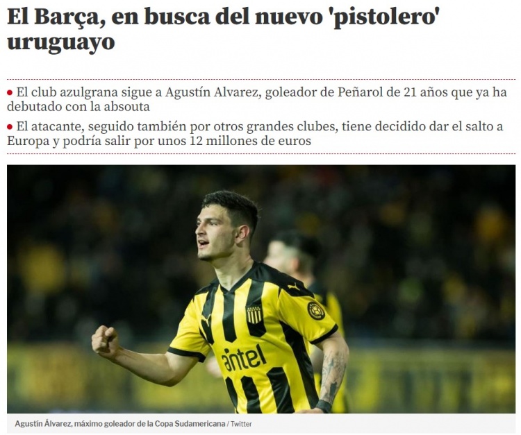 世体：巴萨关注20岁乌拉圭新星阿尔瓦雷斯，球员违约金1200万欧