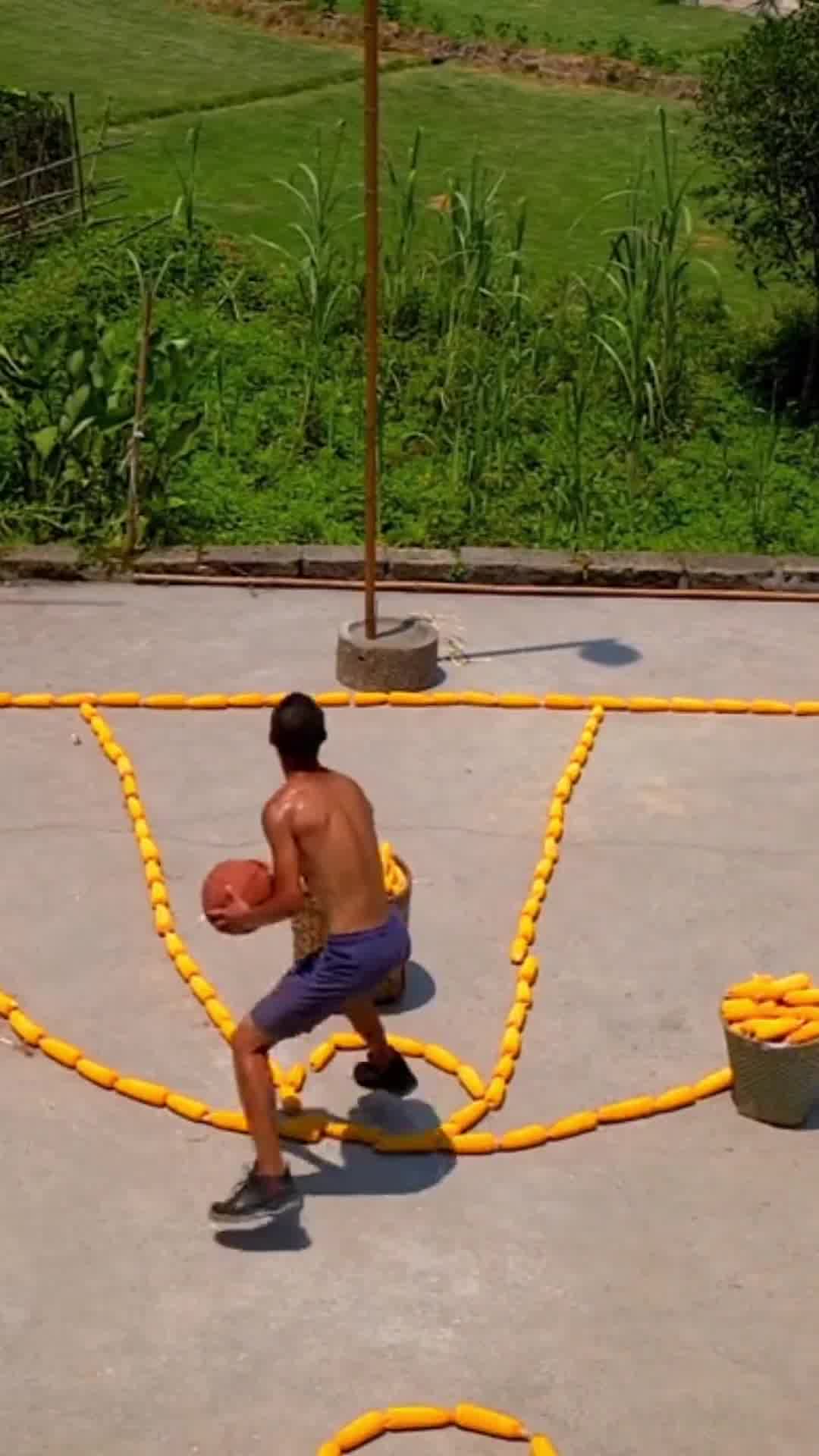 这就是热爱！男子将玉米摆成球场，完成“高篮度”视频