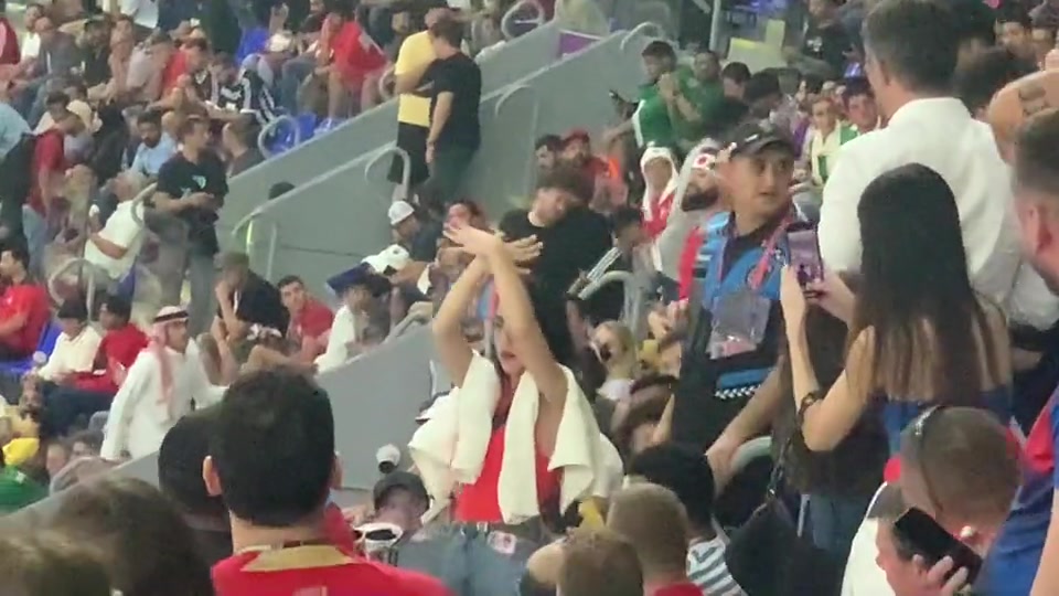 瑞士女球迷做出双头鹰手势，遭安保带离球场
