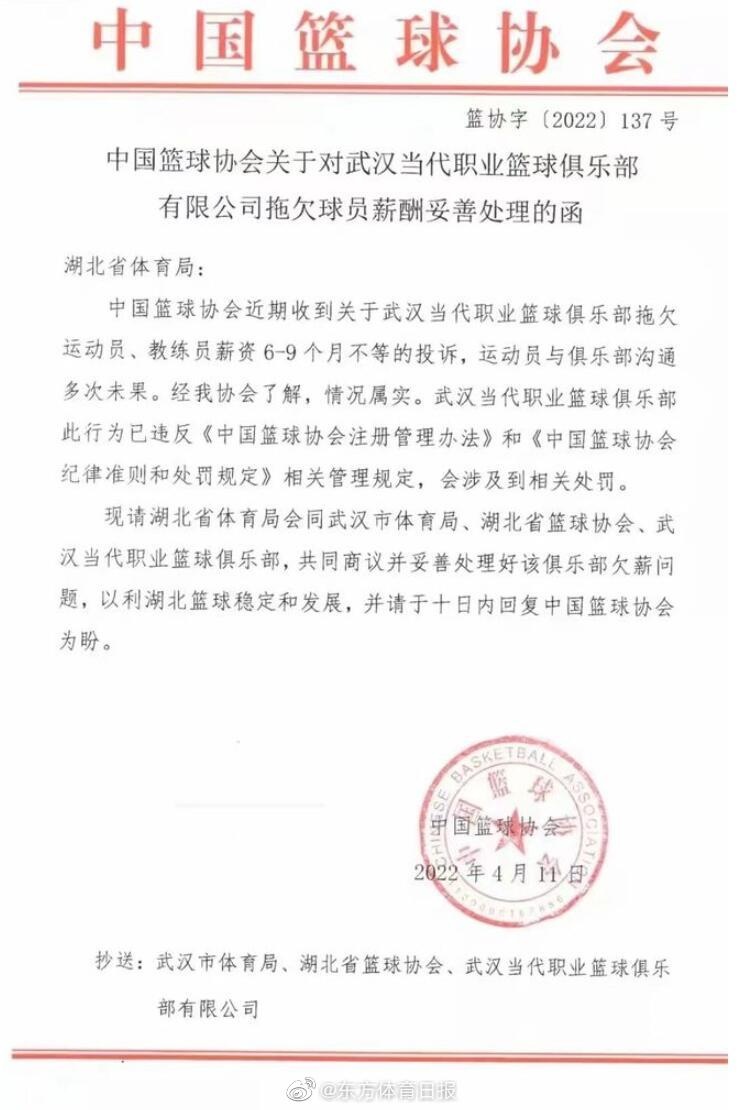 媒体曝光NBL联赛武汉当代俱乐部欠薪超半年 篮协已介入