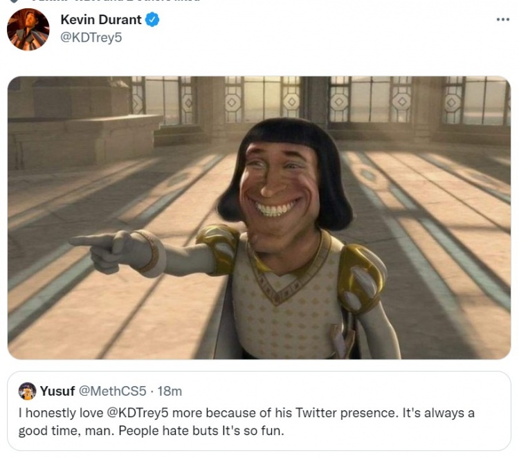 网友：我真爱KD更多因为他在推特上的表现 杜兰特回复大笑图片