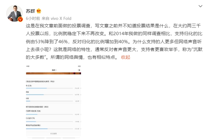 46%支持！苏群晒归化投票：反对者声音更大 支持者更喜欢举手