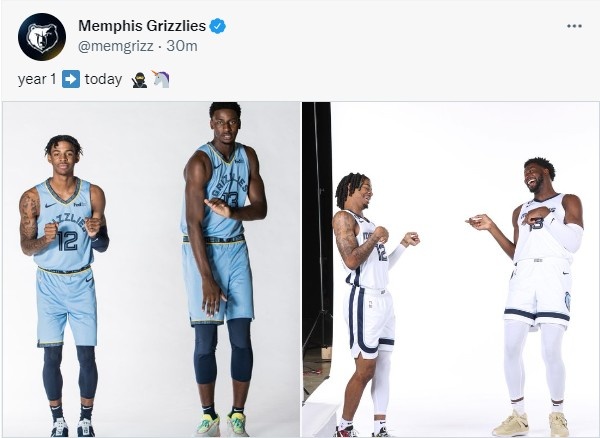 老搭档了！灰熊官方晒第一年和现在莫兰特&JJJ合照对比